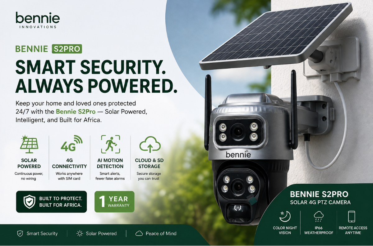 Bennie S2Pro solar-powered security camera mounted on a wall with a solar panel, shown on a promotional graphic with product features and branding.
