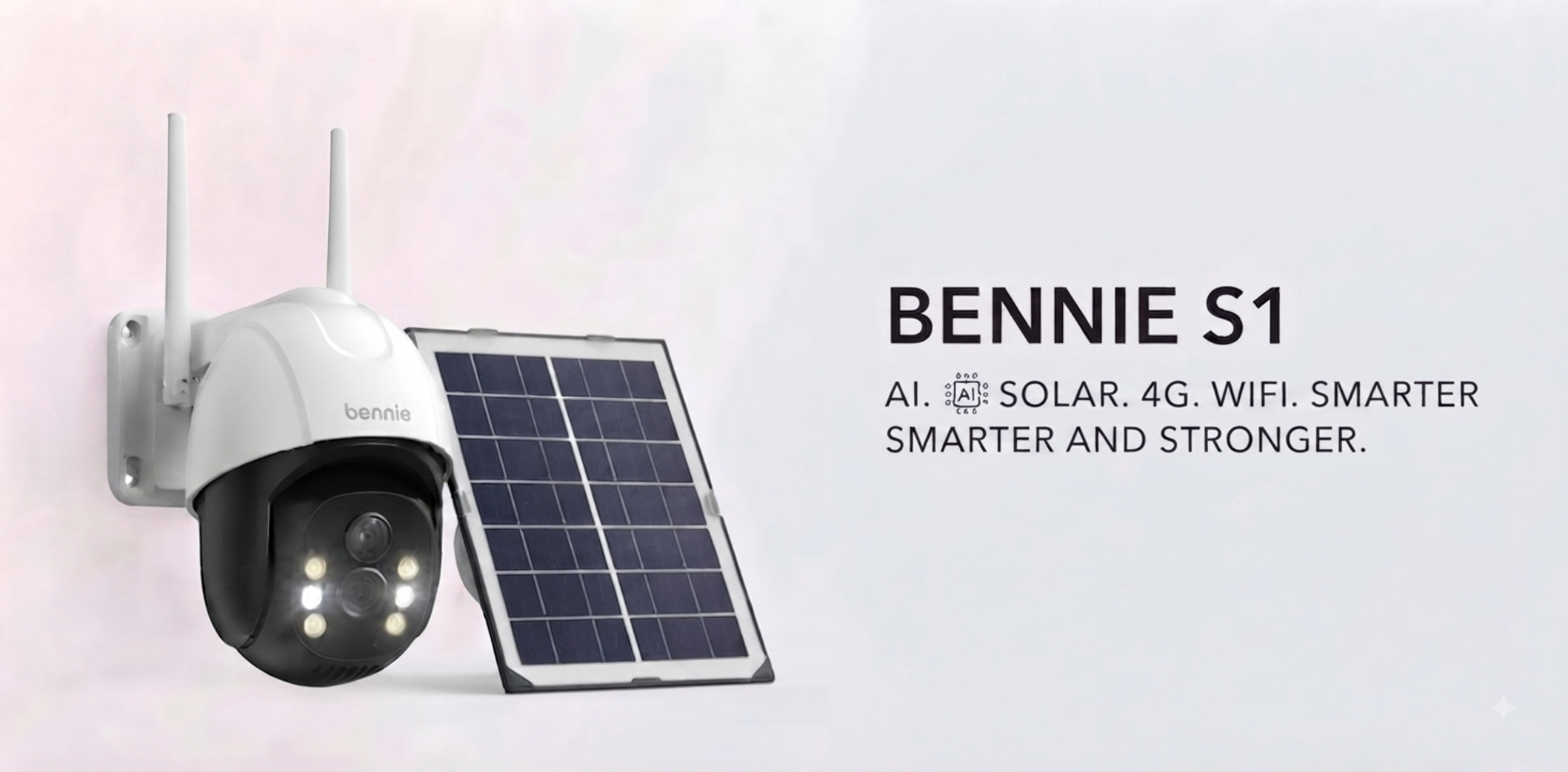 A BENNIE S1 solar-powered security camera with two white antennas, a black dome, and an attached rectangular solar panel, shown on a light gray background with product text on the right.